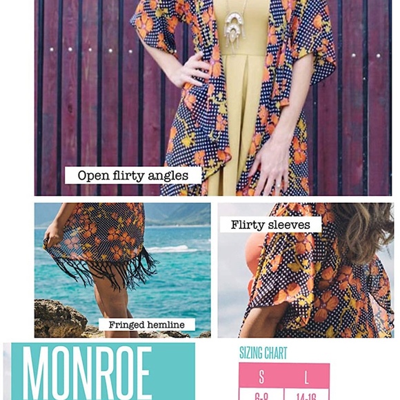 LulaRoe Monroe Kimono Blue with Coral Fringe Small - Picture 7 of 7